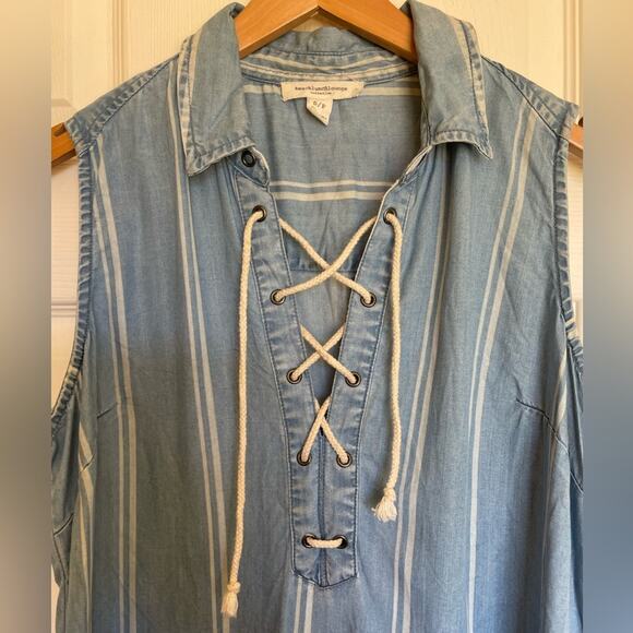 BeachLunchLounge Chambray Striped Lace Up Collar Mini Sleeveless Sun Dress Small - Picture 9 of 10